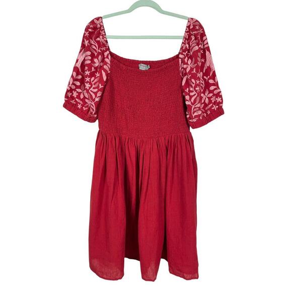 MerSea Voyageur 100% Linen Dress XL Red Embroidered Puff Sleeve Mini Beachy - Picture 2 of 12
